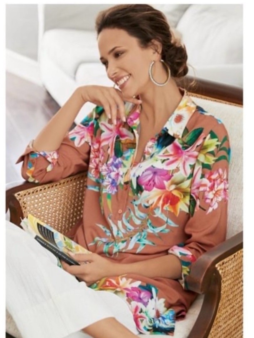 Soft Surroundings Floral Button-Down Shirt in Rust and Multicolor